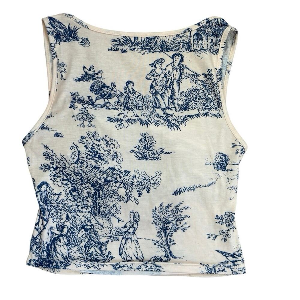 Cider Women's Small Blue White Farm Print Floral Open Back Sleeveless Tank Top